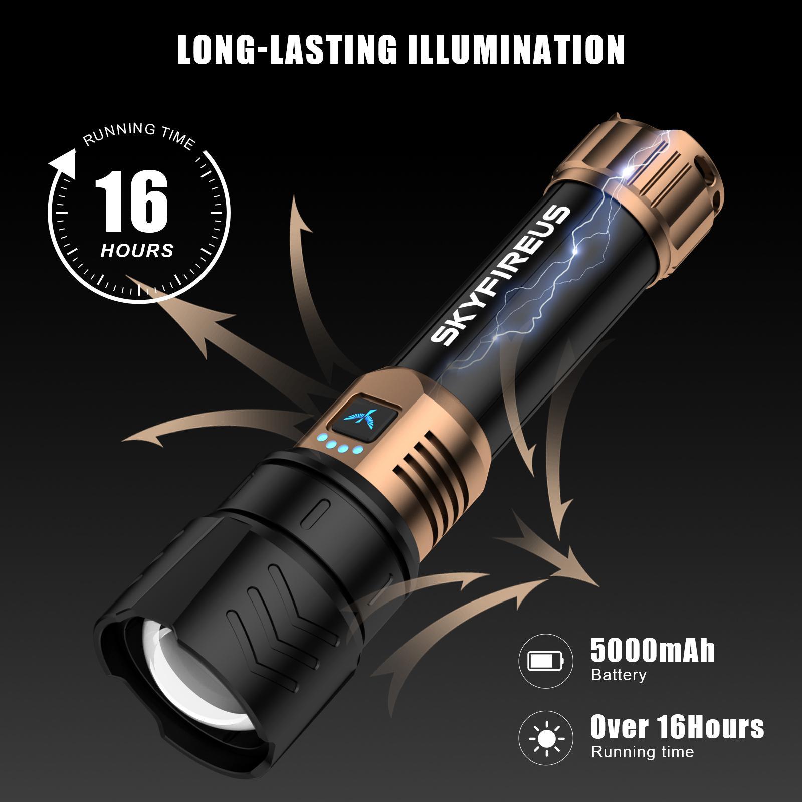 SKYFIRE Model 1097 LED Flashlight – Super Bright, Rechargeable Torch with Zoom & Ignition Lens, 4 Modes, Waterproof Tactical Light for Camping, Outdoors & Emergencies#Summervibes summergarden