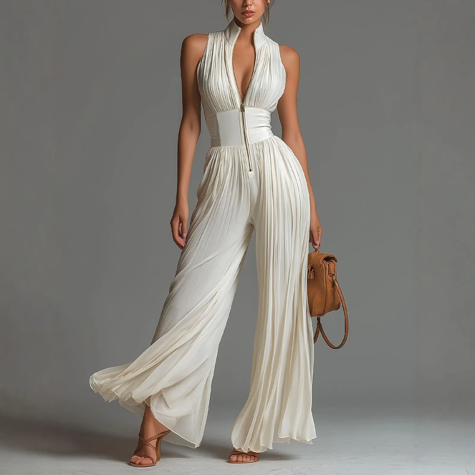 Women’s Pleated Halter Neck Wide Leg Jumpsuit, Deep V-Neck Zip Front Sleeveless One Piece Outfit, Elegant Ruched Evening Party Vacation Pantsuit