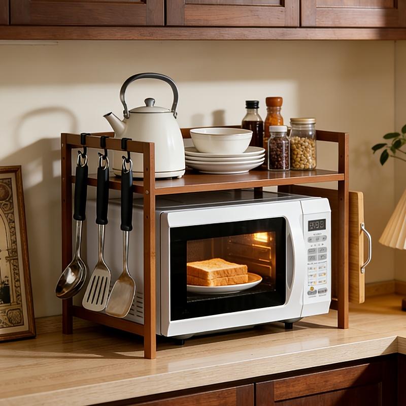 1pcs Bamboo Kitchen Countertop Oven Rack with Hooks and Cutting Board Holder Space Saving Vertical Microwave Storage Shelf Multi - functional Condiment Organizer Heavy Duty Easy Installation