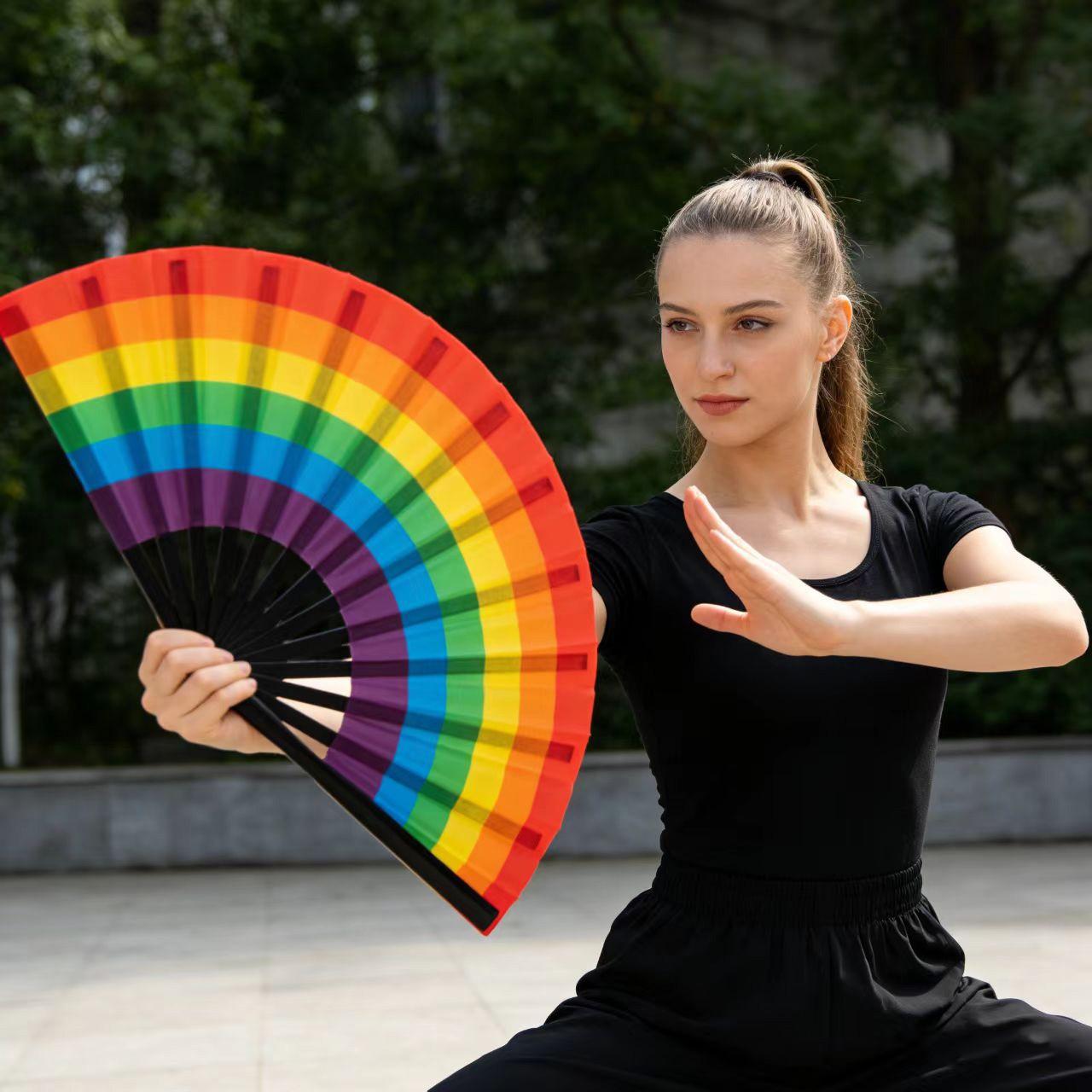 Large Rainbow Dance Kung Fu Folding Fan, Party Craft Gift Fan, Ladies Handheld Fan, Wedding Favor Fan, 1 or 2 Pieces