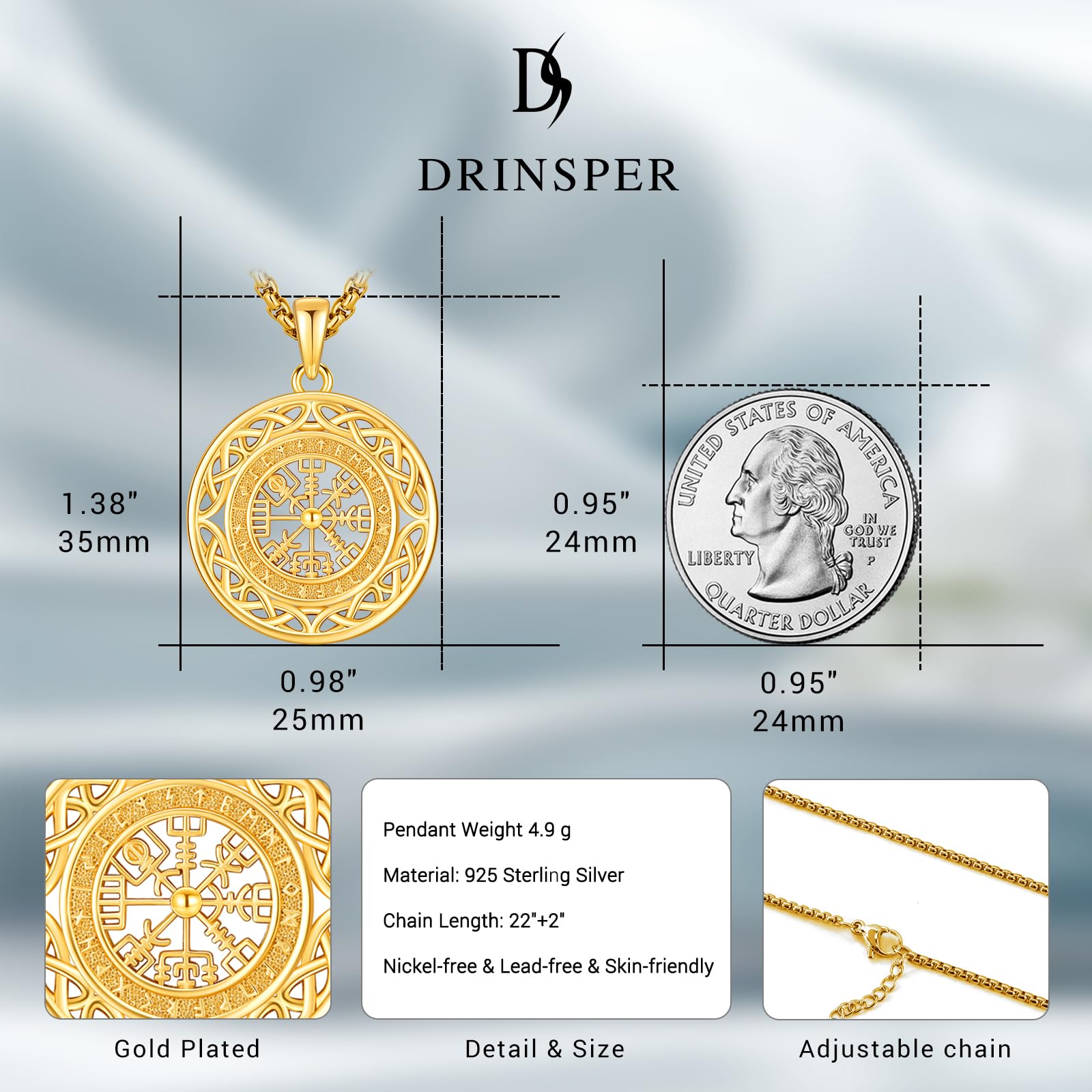 DRINSPER Vegvísir Necklace 925 Sterling Silver Pendant Daily Viking Jewelry for Men Norse Mythology Pagan Jewelry
