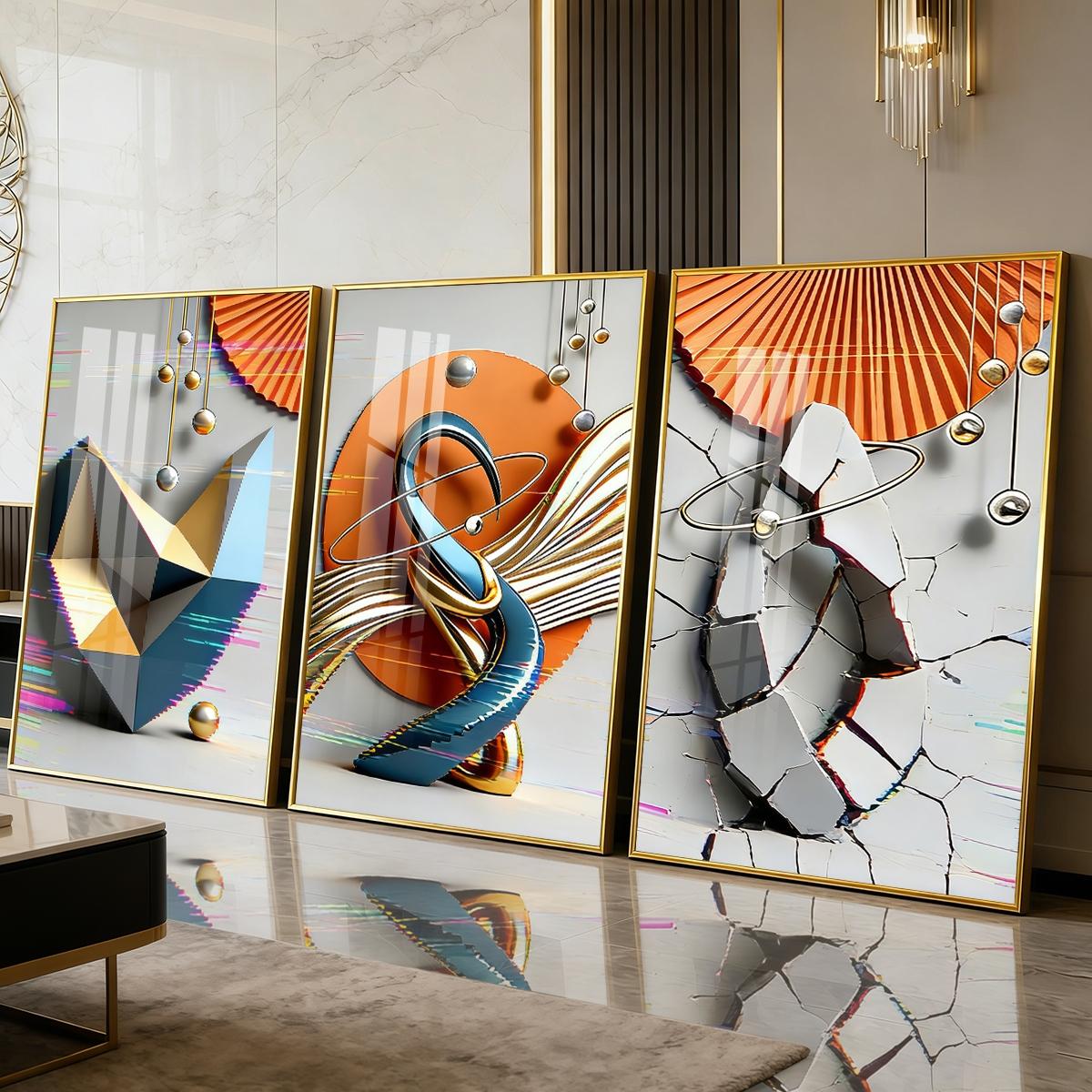 3 Counts Aluminum Alloy Framed Painting, Modern Geometric Abstract Art Pictures, Home Decoration For Living Room, Bedroom, Office, Restaurant, Hallway Wall Decor, Odorless Print Artwork, Luxury Perfect Gift For Friends And Family