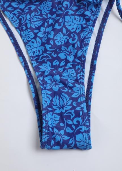Women's Blue Textured Triangle Bikini Set, Halter Neck Tie Design, Sleeveless Thong Bottoms, Perfect for Beach Vacation & Pool, Floral Bikini Bottom