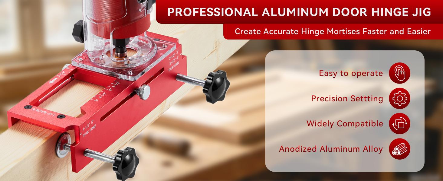 Door Hinge Jig – Aluminum Alloy Cut-Out Tool for Door & Cabinet Hinges, Mortise Jig Fits 2.5" to 5" Hinges, Works with 1/4" and 5/8" Radius and Square Corners Door Hinge Jig – Aluminum Alloy Cut-Out Tool for Door & Cabinet Hinges, Mortise Jig Fits 2.5" to 5" Hinges, Works with 1/4" and 5/8" Radius and Square Corners