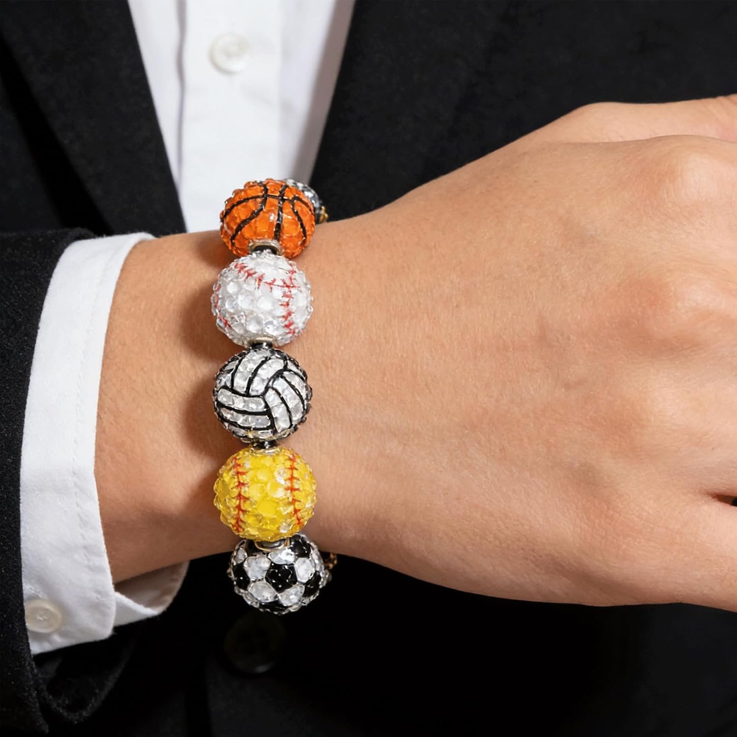 10PCS Sports Ball Acrylic Beads, Sports Theme Rhinestone Bead, Soccer Baseball Basketball Loose Spacer Beads Bulk for Jewelry Making Bracelets Necklaces Earrings DIY Crafts Supplies