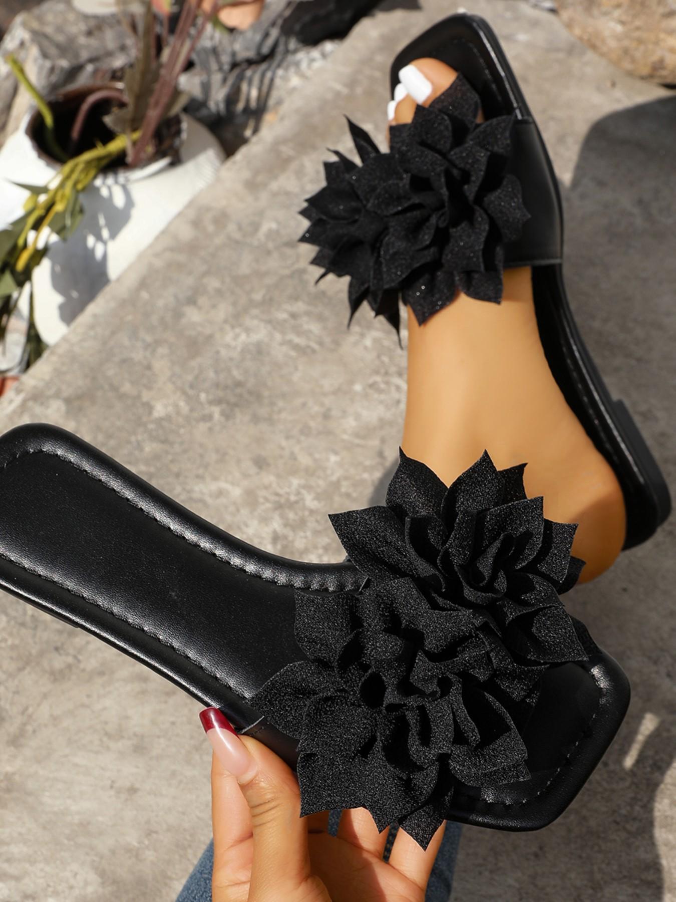 French Fairy Style 3D Flower Sandals, Square Toe Soft Sole, Comfortable for Daily Commute, Dating, Wedding, Perfect for All Occasions