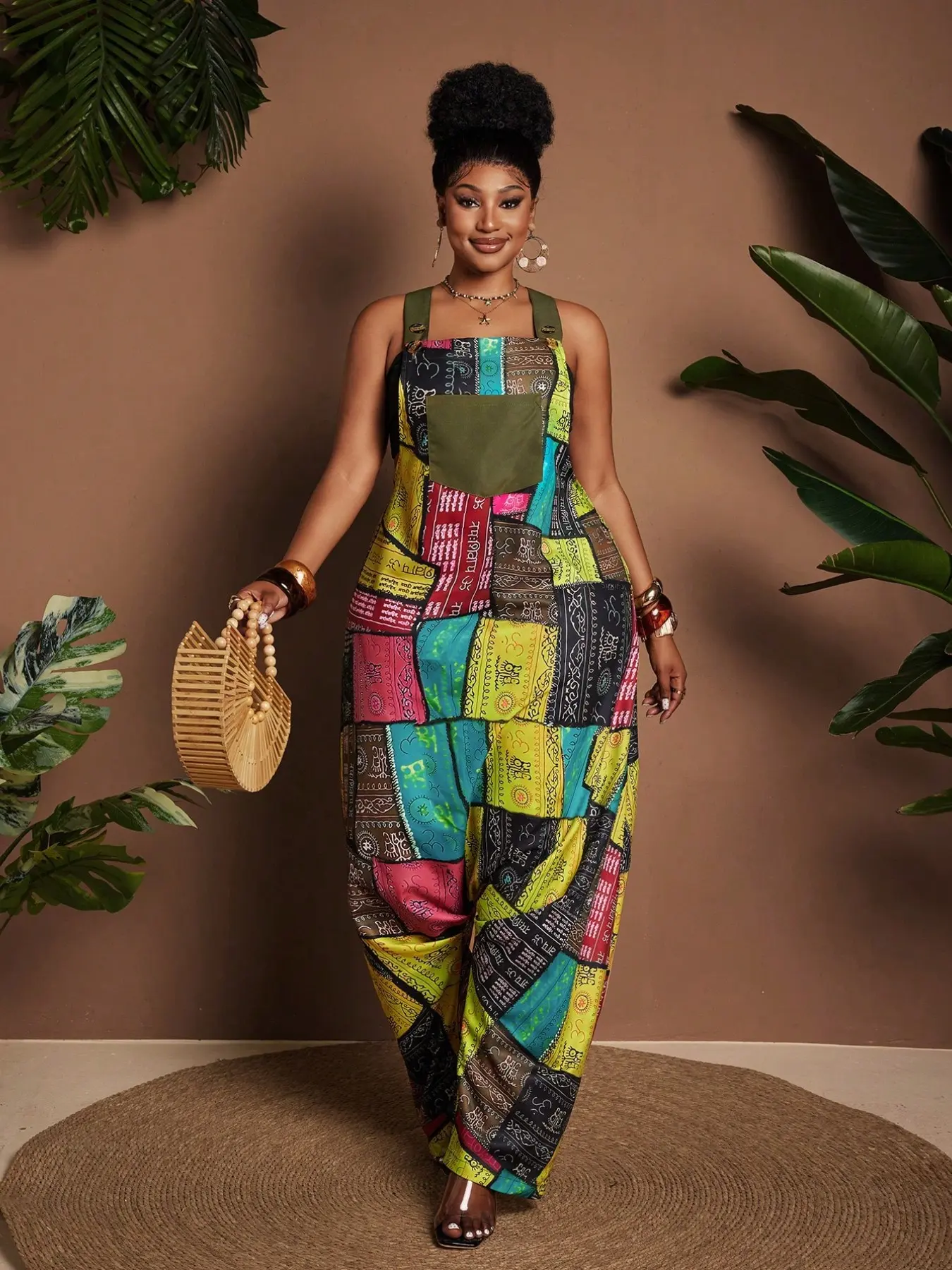Women's Patch Printed Jumpsuit, Loose Wide Leg Workwear, Bohemian Fashion Style, Ideal for Vacations, Beach Trips, Music Festivals