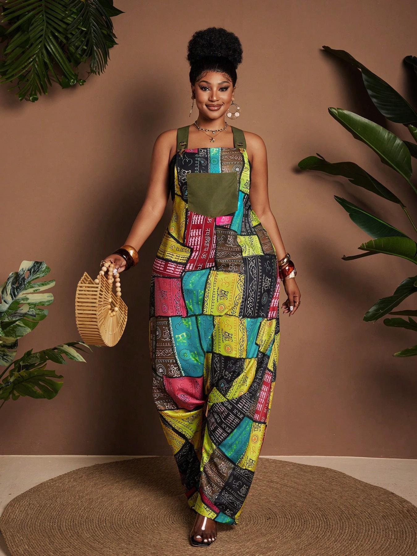 Plus Size Patchwork Print Sleeveless Loose Harem Pocket Jumpsuit, Comfortable and Stylish Design, Perfect for Casual Wear
