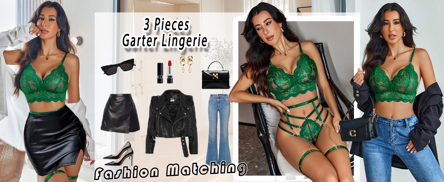 Avidlove Women's Lingerie Set 3 Piece Garter Lingerie Lace Bra and Panty Set S-XXL