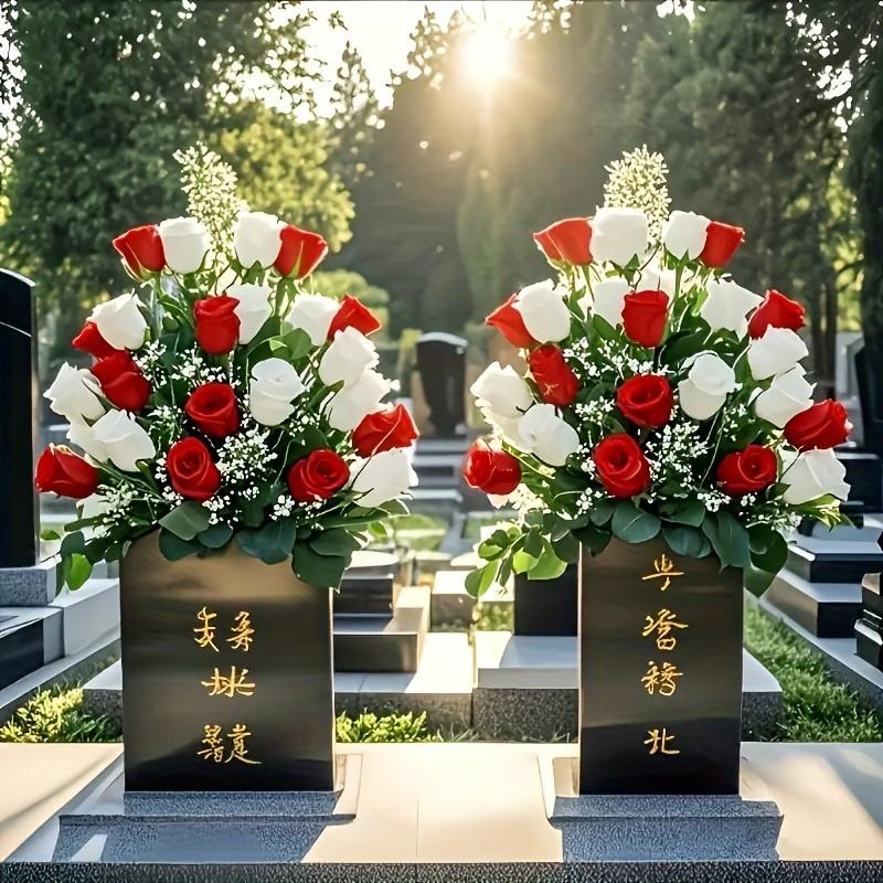 2 Artificial Cemetery Flowers, Roses with Leaves, Weatherproof Memorial Decor, No Maintenance, Outdoor Graveyard Decoration