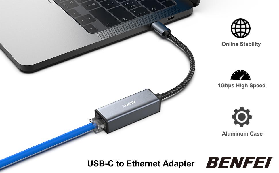 BENFEI Network Adapter HUB with USB-C to Ethernet RJ45 Gigabit Ethernet LAN Thunderbolt 3/4