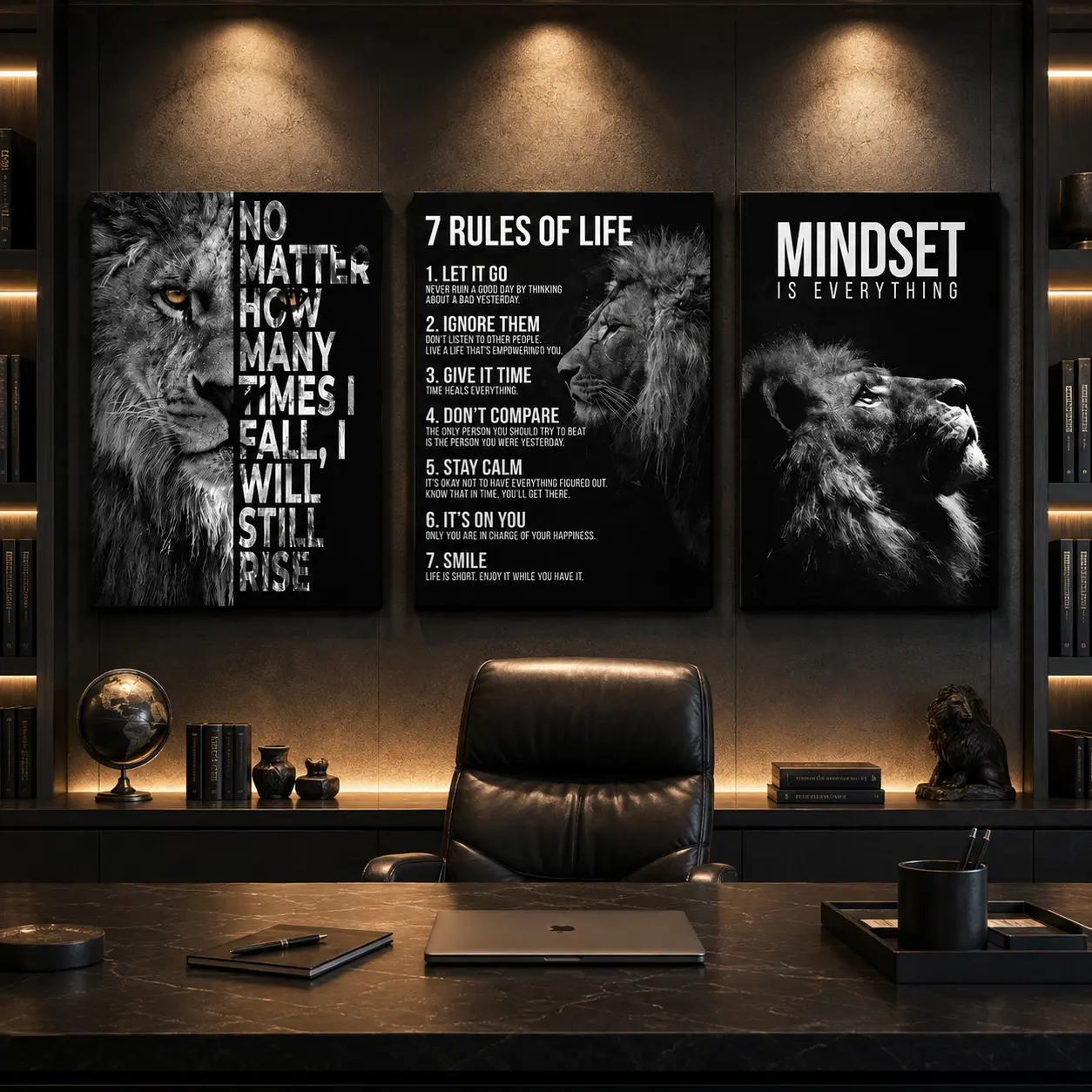 3-Piece Frameless Lion Pattern Gallery-Wrapped Canvas Art - Hanging Home Decor for Living Room, Gift for Men