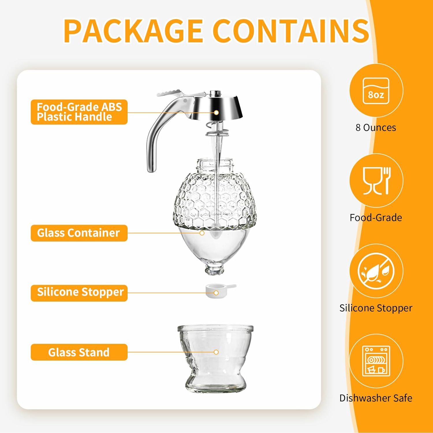 Honey Dispenser, Glass Honey Dispenser No Drip, Honey Pot with Stand, 8 oz Honey Jar, Maple Syrup Honey Container, Elegant  Design for  Decor for Any Occasion