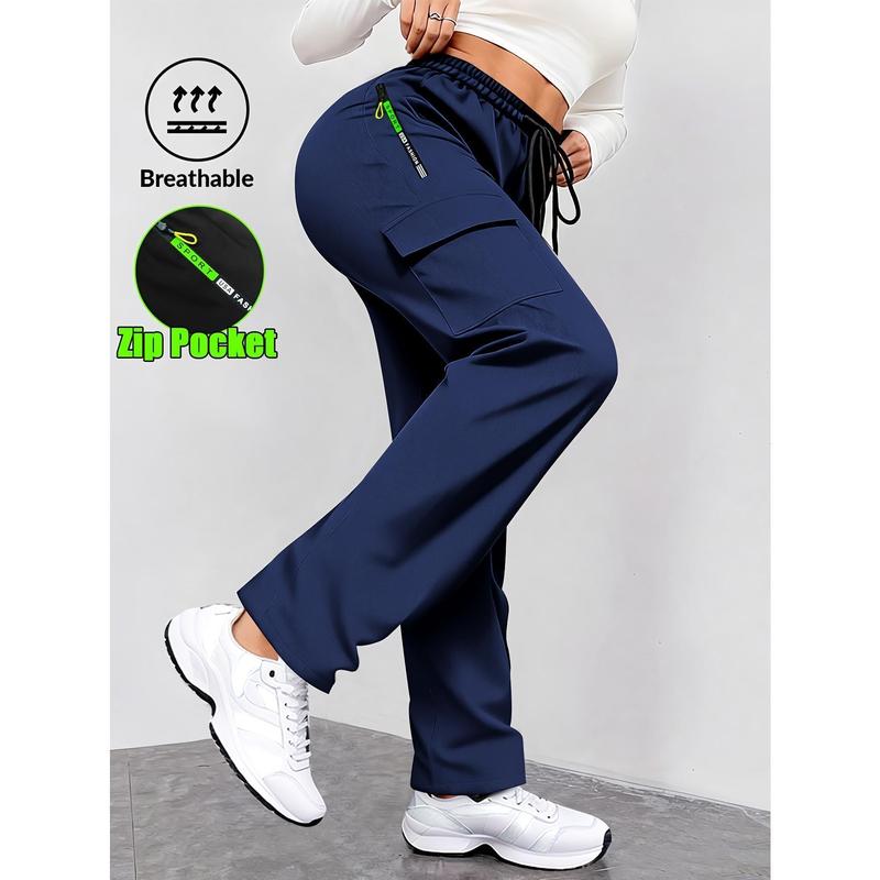 Women's High Waist Plus Size Polypropylene Cargo Pants - Sporty Streetwear, Breathable Fabric, Zipper Pockets, Elastic Waist, Loose-Fit Straight Leg, Universal Athletic Trousers for Outdoor Activities, Gym Workouts