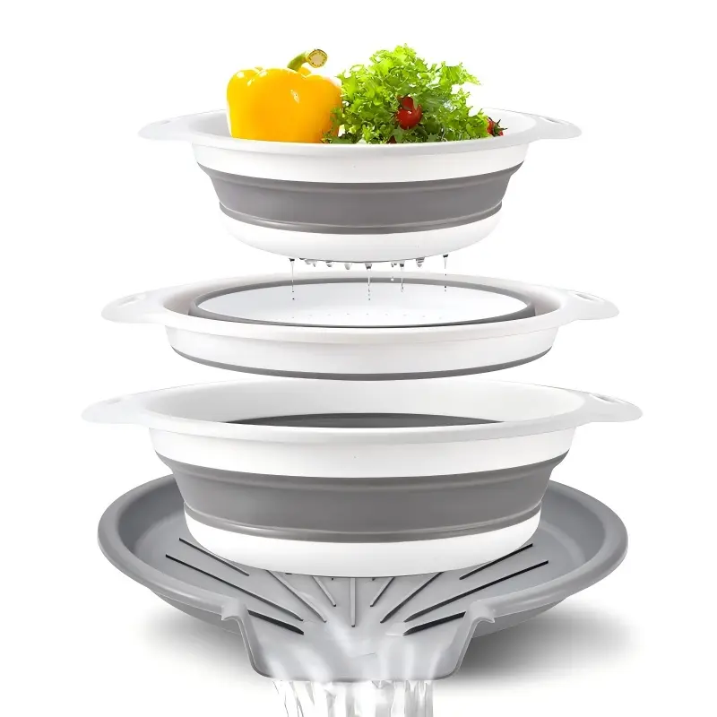 4 Pack Collapsible Strainer Set, Food Grade Silicone Food Filter with Sink Drain Base, Space Saving Kitchen Colander Drain Tray for Fruits, Vegetables, Pasta and Rice