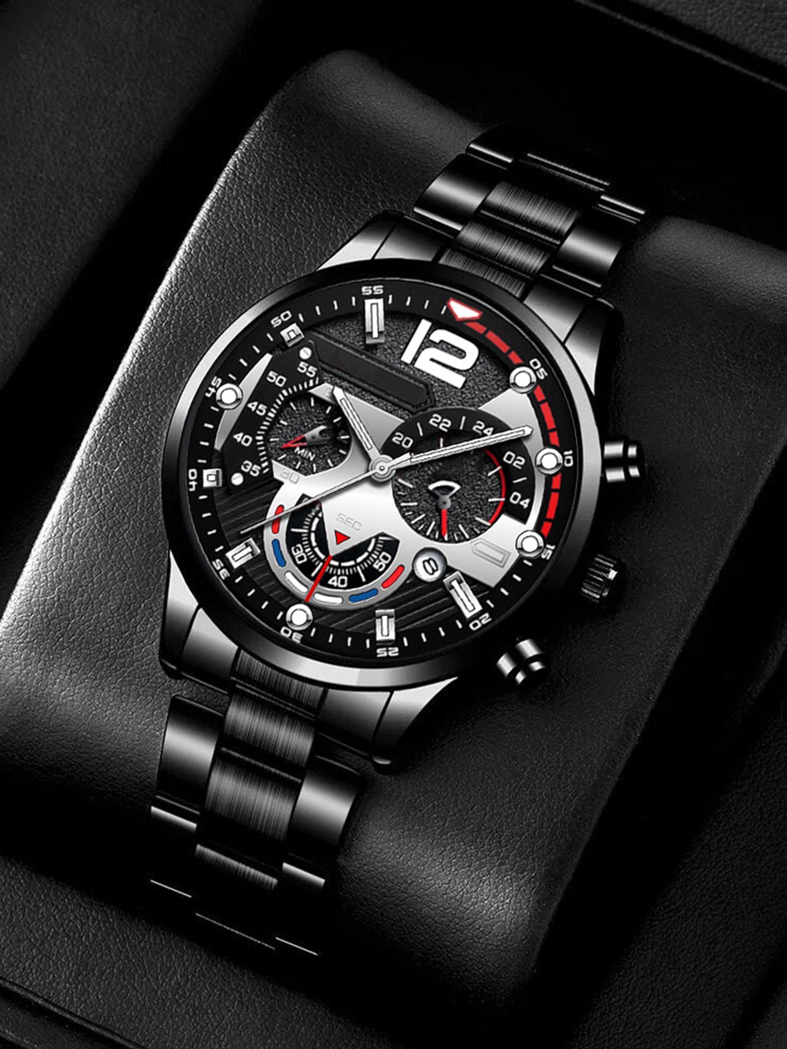 Men's Luxury Steel Watch Keychain Wallet Set, Analog Quartz Movement, Elegant Gift Box, Perfect for Christmas Valentine's Day Birthday