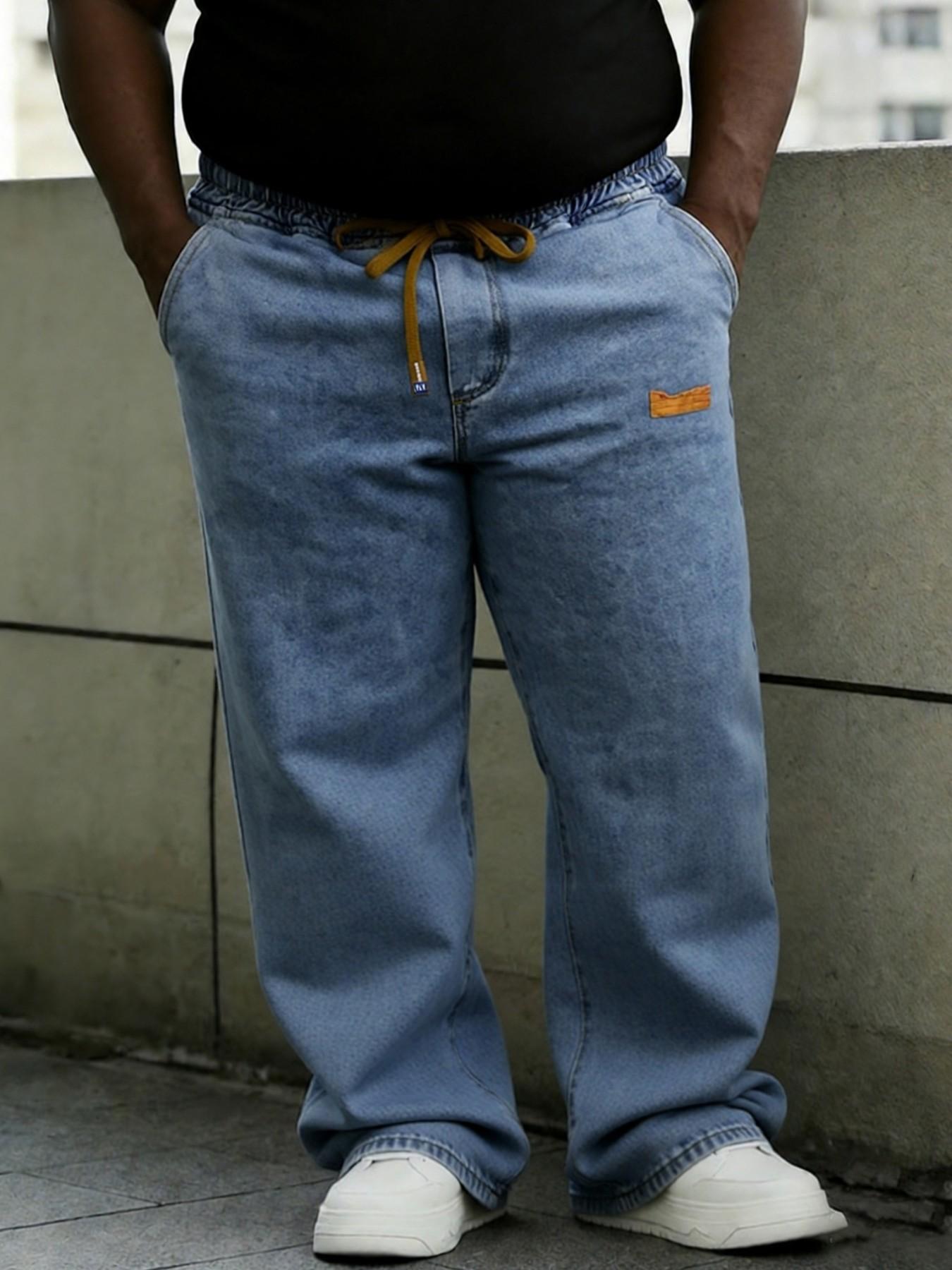Men's Plus Size Loose Casual Jeans with Pockets, Drawstring Elastic Waist Streetwear, Available in 2XL to 6XL