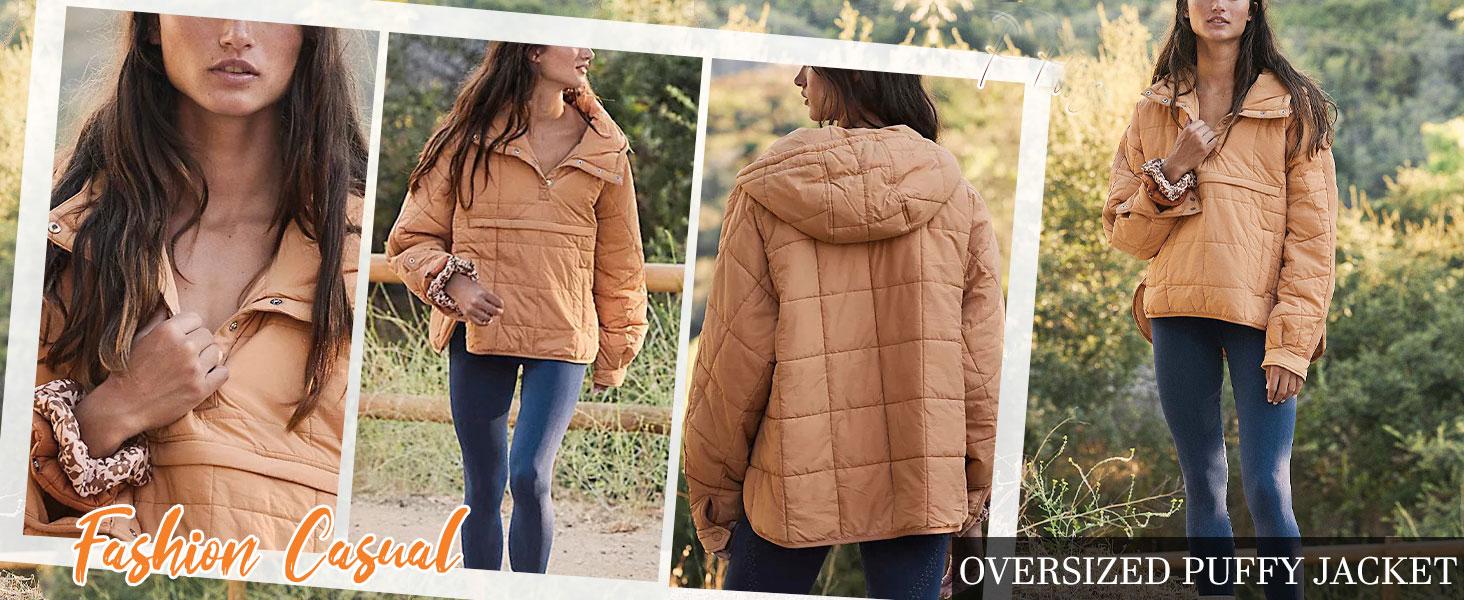 UANEO Women's Oversized Hooded Pullover Puffer Jacket Quilted Dolman Long Sleeve Cozy Lightweight Warm Tops with Big Chest & Side Pockets Casual Outwear