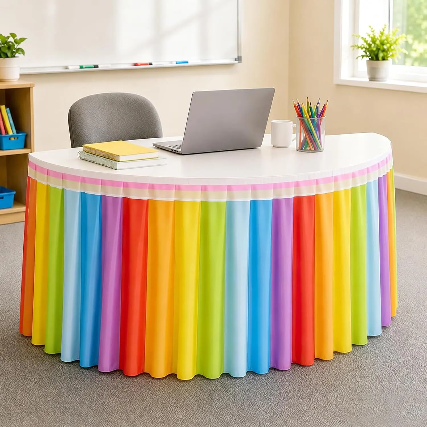 Rainbow Table Skirt for Teacher Desk, 14 ft x 29.5 in Classroom Decor |   Wrinkle Design for Rectangular, Round, and Kidney-Shaped Desks in Preschool, Kindergarten, and Elementary Classrooms