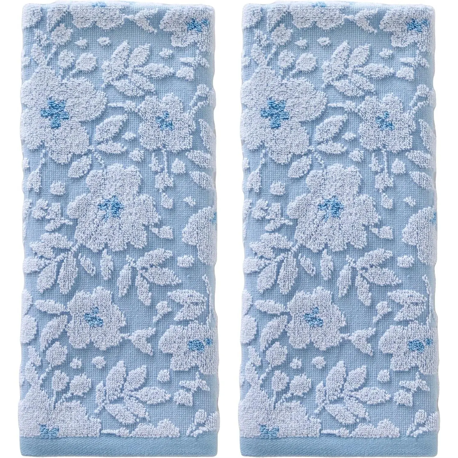 Floral Hand Towel Set-2pc, 100% Cotton Jacquard, Sky Blue | Soft, absorbent & reversible. Great for use in the bathroom, kitchen, or bar & gifting.
