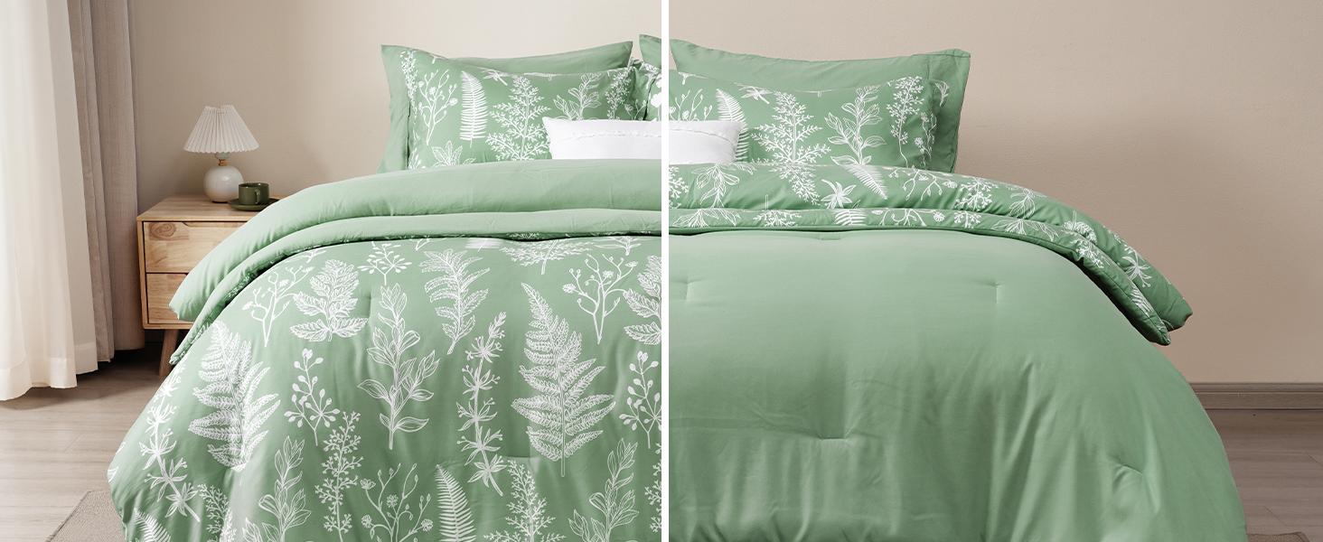 PHF Soft Printed Comforter Set, 3 counts/set Lightweight Botanical Floral Reversible Comforter with 2 Pillow Shams for All Seasons