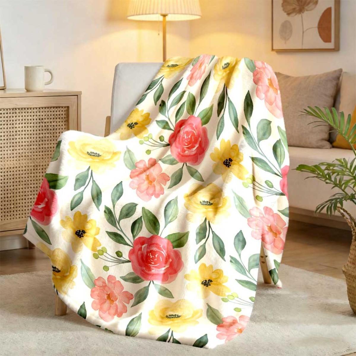 1 Piece Stylish Spring Floral Soft Blanket, All-Season Sofa Leisure Throw Blanket