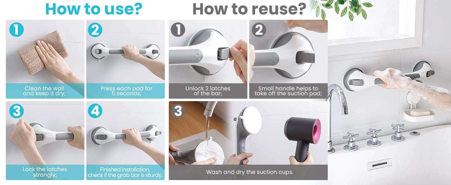 TAILI Shower Grab Bar 16 Inch Suction Cup Grab Bars for Bathroom & Shower, Removable Shower Safety Handle Heavy Duty Bathtub Grip for Seniors & Elderly, Strong Handrails No Drilling Waterproof, Grey