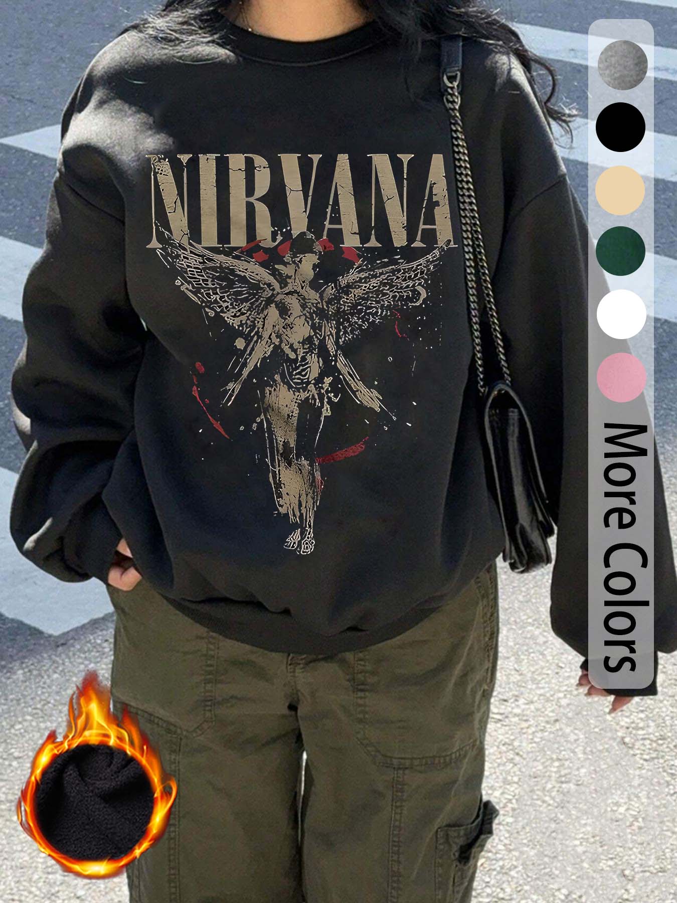 "Nirvana" Nirvana band pattern letter print, casual retro long-sleeved pullover, round neck casual sports women's pullover sweatshirt, autumn and winter plus velvet women's clothing
