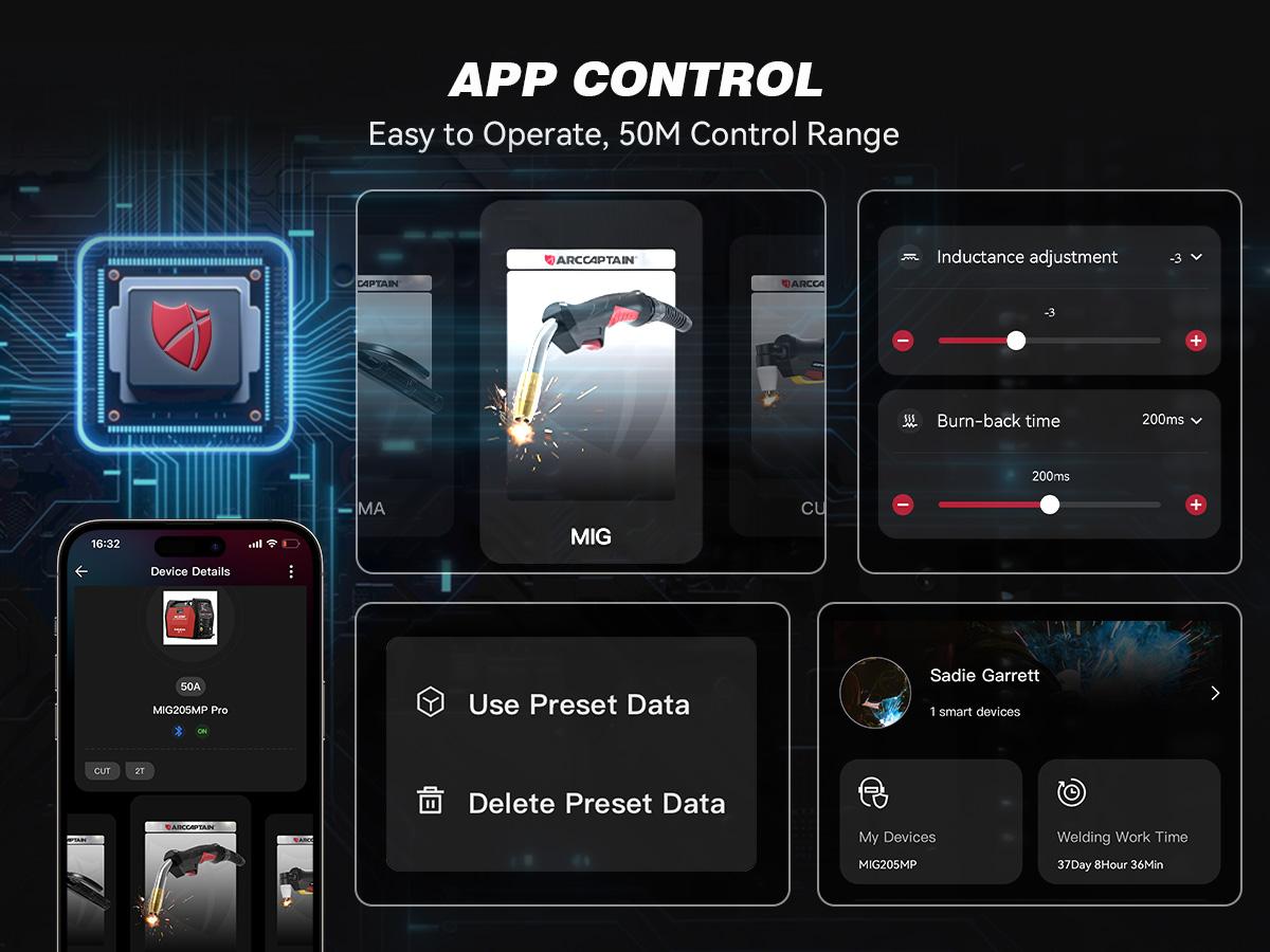 ARCCAPTAIN MIG205MP MIG Welder, All-in-One iControl APP Control Plasma Cutter/Pulsed MIG/Flux Core/Spool Gun/Pulsed HF TIG/Lift TIG/Clean/Stick Aluminum Welding Machine 120/240V Dual Voltage Multiprocess Welders Black Friday, Christmas Gifts for Men/Dad