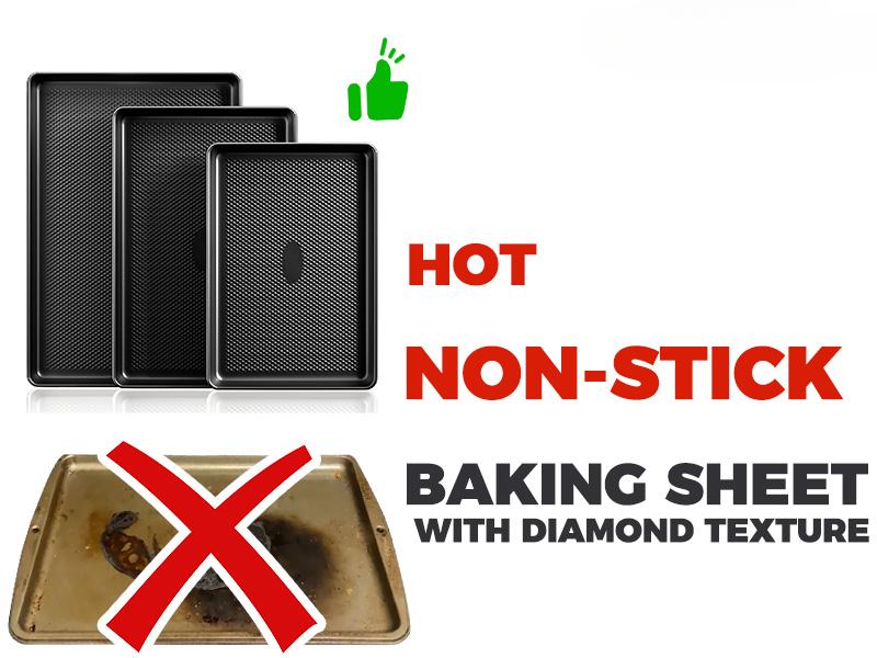 Non Toxic Textured Surface 3-Piece Carbon Steel Bakeware Set - Diamond Textured Baking Tools with Half & Quarter Jelly Roll Pans, Oven-Safe Black Sheets for Cake Dessert, Non Toxic Bakeware