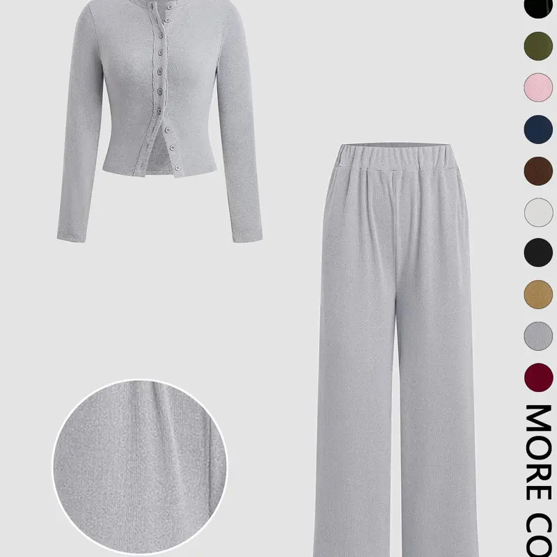 Women's 2-Piece Set Round Neck Long Sleeve Plain Velvet/button Top + Straight Leg Casual Pants, Slim-Fit, All Seasons, Two Pieces Outfits
