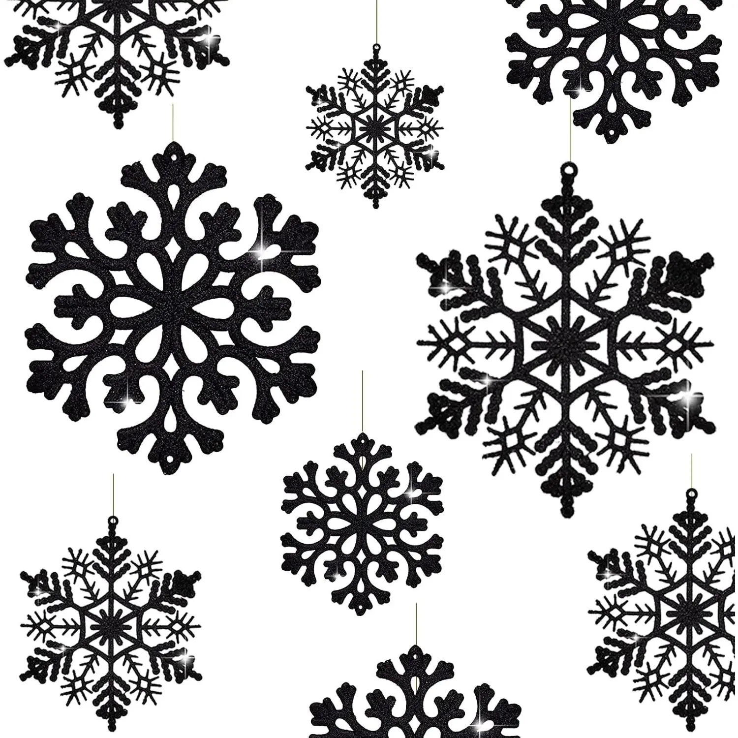 30PCS Glitter Snowflake Plastic Ornament Set, 4.7-in Black for Xmas Tree Decorations