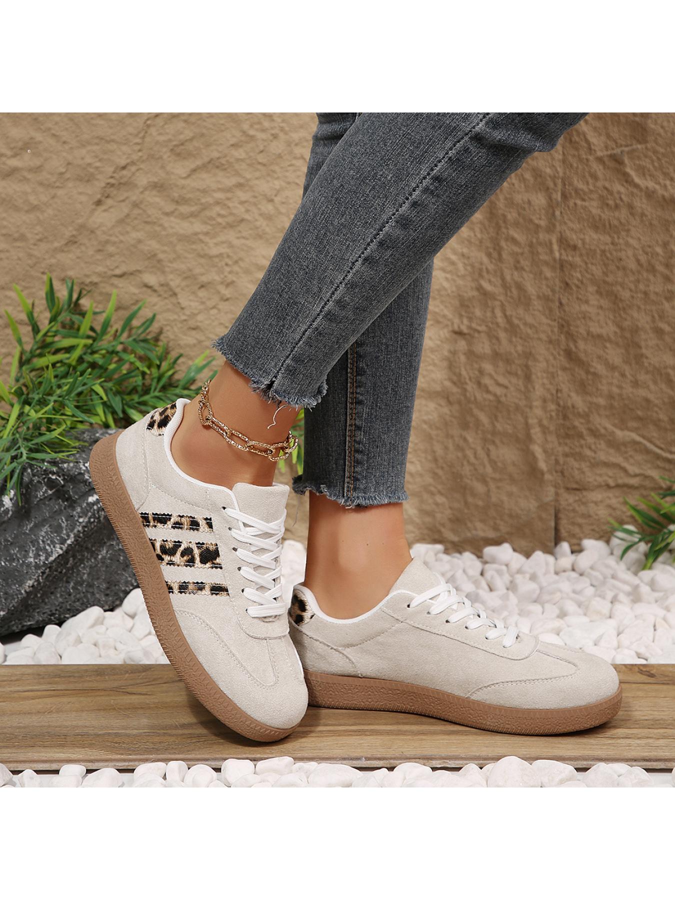 Women's 2.5cm Platform Leopard Print Sneakers, Black/Beige, Retro 3-Stripe Casual Shoes