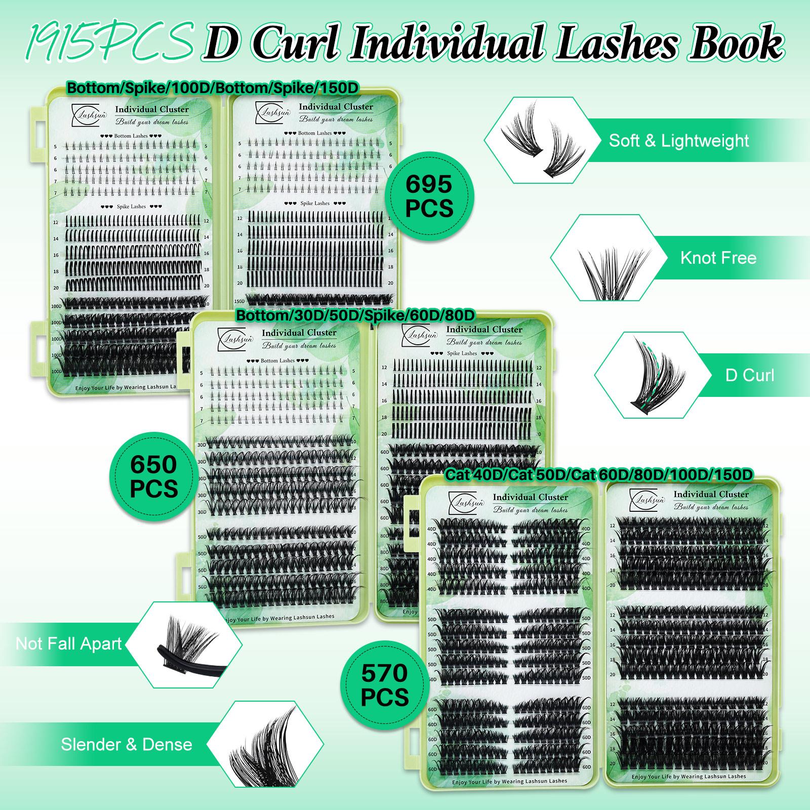 1915 PCS Lash Clusters Kit D Curl 11 Styles Cat/Volume/Spikes/Bottom Lashes Book Kit with Bond&Seal Lash Remover Brush Lash Applicator Headband Wristband set and Lash Shampoo&Brush Lash Extensions Kit for Beginners&Proficient