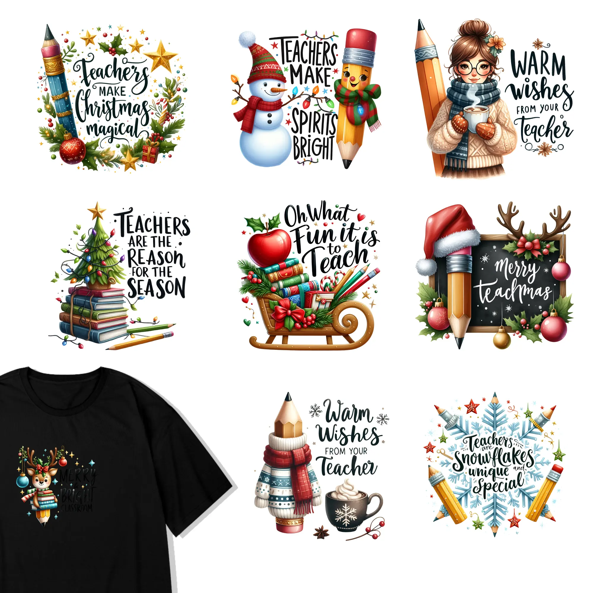 9 Pcs Teacher Christmas Iron on Transfers Easy to heat press decals Iron On Transfer Patches DTF Transfers Ready Hoodie DIY Crafts for clothing, T-shirts, jeans, backpacks, hats, pillows. Press Washable Stickers