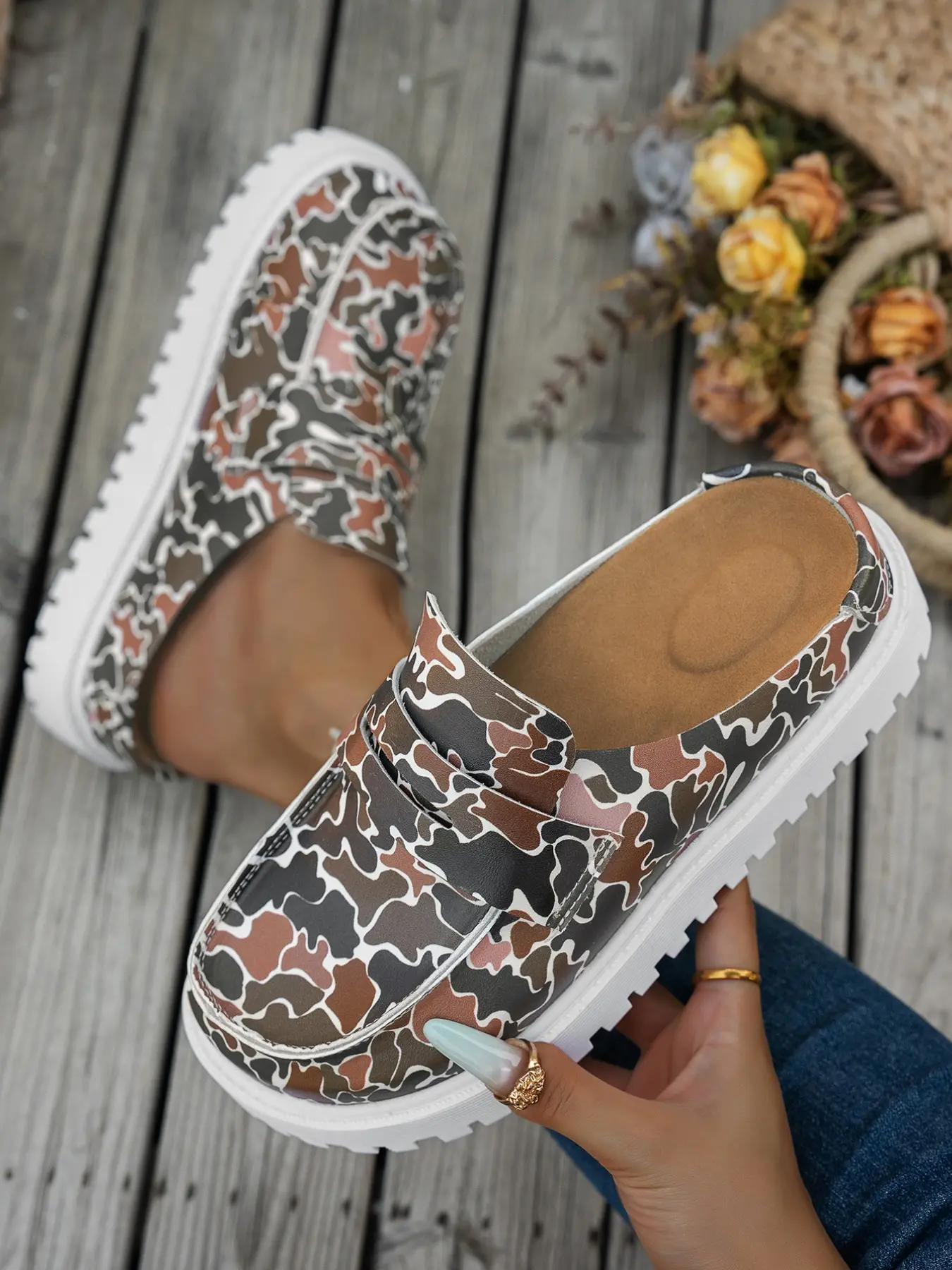 Camouflage leopard print half mules
