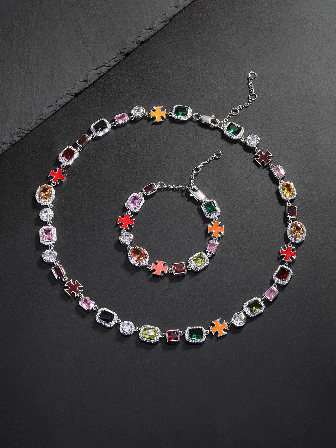 Iced Chics 2pcs/set Necklace Bracelet Set, Zirconia Jewelry Set, Colorful Zircon Cross Drip Pendant, Hip Hop Street Style, Unisex, Perfect Gift, All Seasons