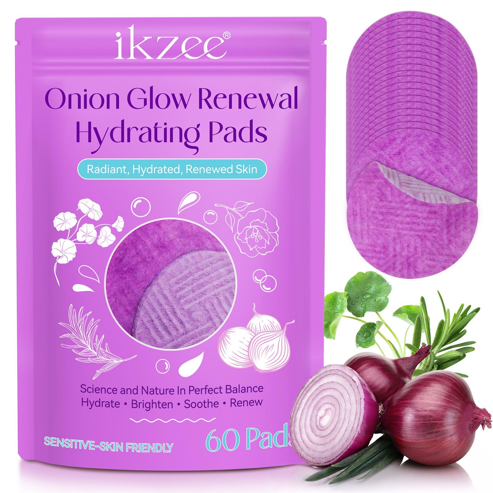Ikzee ONION GLOW RENEWAL HYDRATING PADS,60 pieces per pack. Gentle cleansing, moisturizing facial wipes. Unique skin care sheets. Experience a different skincare routine. Perfect daily skincare procedure.