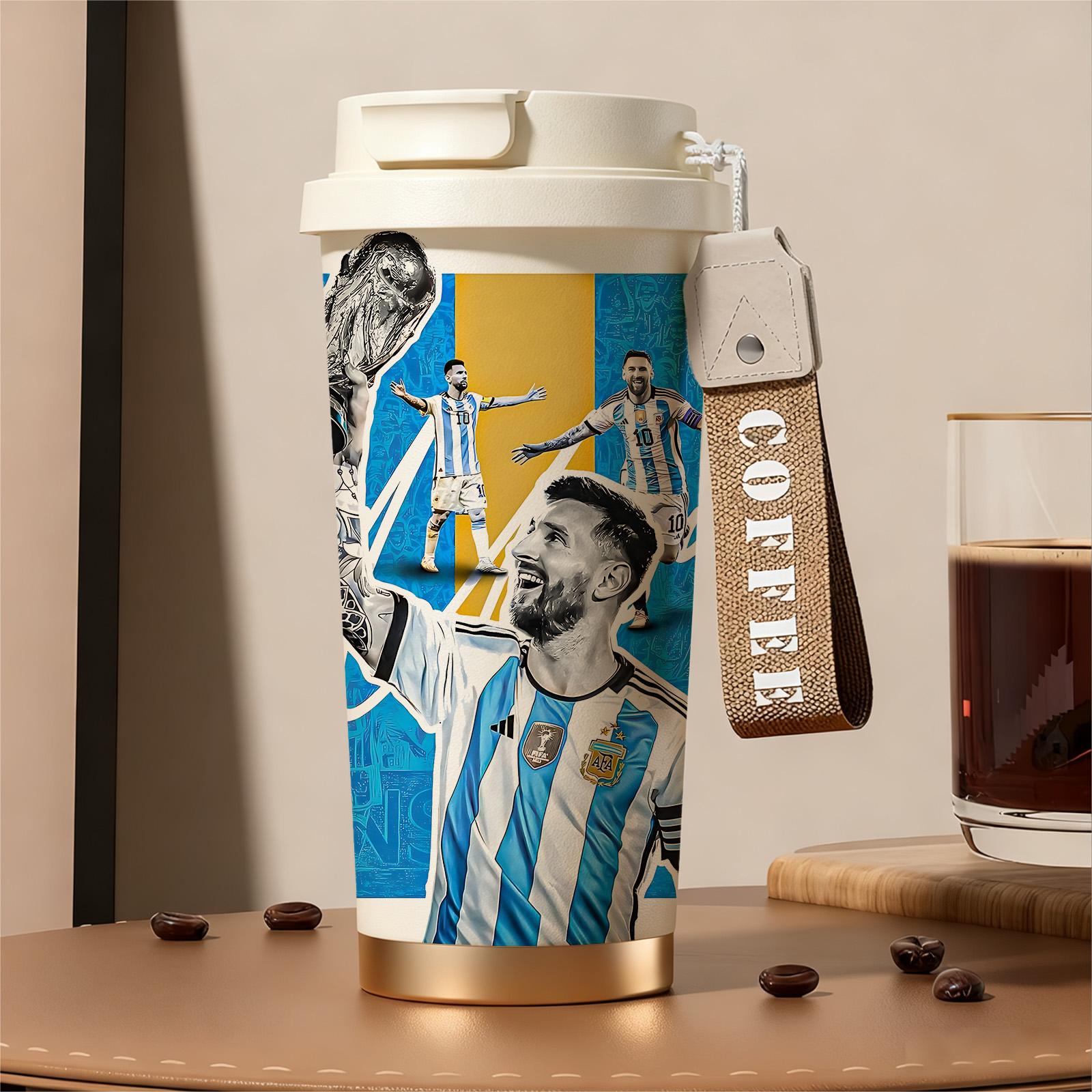 1 Pc insulated mug Messi Argentina champion vacuum cup, double wall stainless steel leak-proof travel coffee tumbler for hot cold drinks, keeps warm 12 h/cold 24 h, 18oz soccer fan thermal mug for women and men, world football lover holiday birthday gift