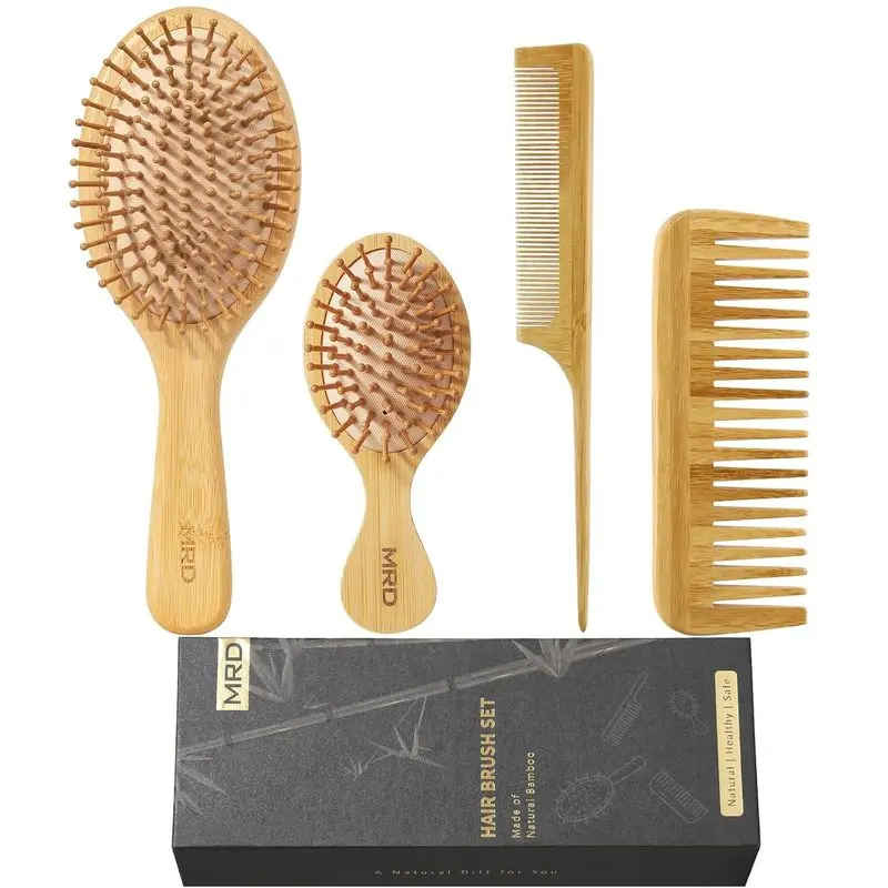 Bamboo Hair Brush Set, 4-Piece Detangling Hairbrush and Comb Kit, Paddle Brush for Women Men Kids, All Hair Types-Gift Box : Beauty & Personal Care