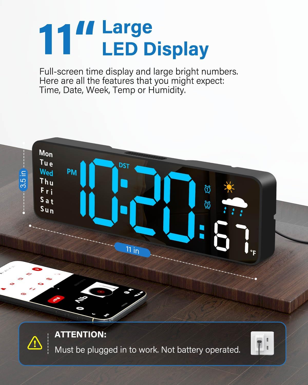 Digital Wall Clock, Digital Clock Large Display with Remote Control, Corded LED Alarm Clocks with Date, Week, Temp, Humidity, Auto DST, Countdown, Multifunctional Alarm Clock for Living Room Bedroom Classroom Office Home Goods Digital Clock Decor (Blue)