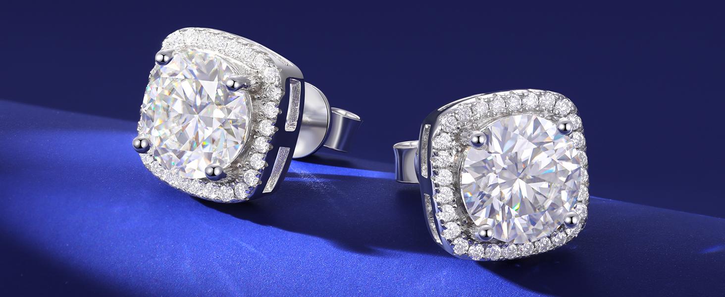 HELLOICE [Unisex] Moissanite Halo Square Stud Earrings 925 Sterling Silver Earrings 0.2Ct/0.6Ct/1.0Ct/1.6Ct/2Ct/4Ct Synthetic Moissanite Earrings Moissanite Jewerly Gift for Her Him