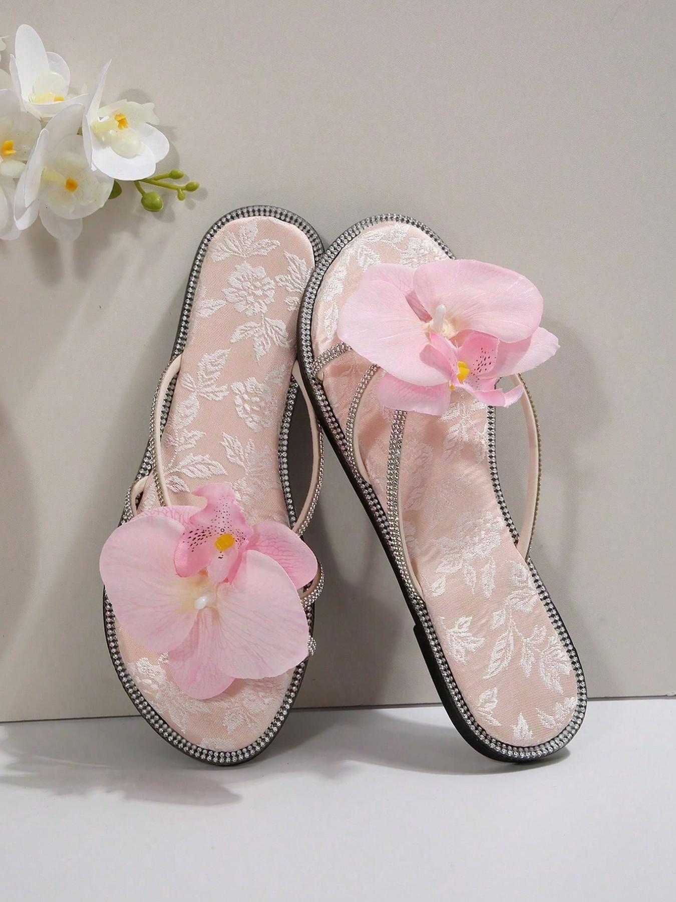 French 3D Flower Rhinestone Design Cute Fairy Commute Party Stickers, Soft Sweet Style Flat Sandals for Beach Wedding Office Home Outdoor Summer