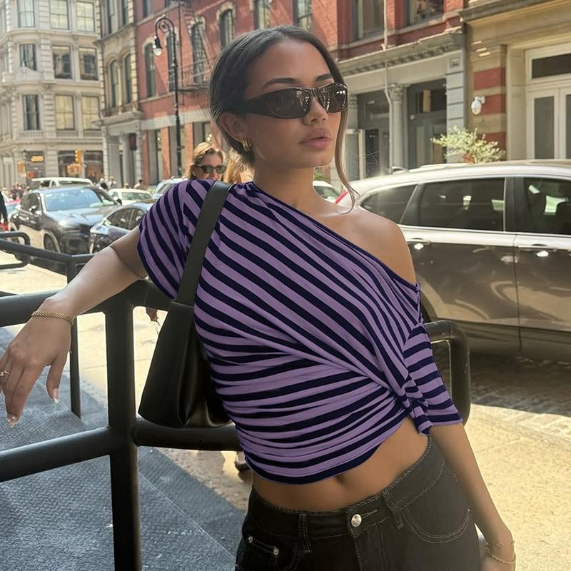 Women Summer Fashion Short Sleeve Asymmetrical One Shoulder Striped Asymmetric Hem T Shirt Tops Tee Casual Daily Tops