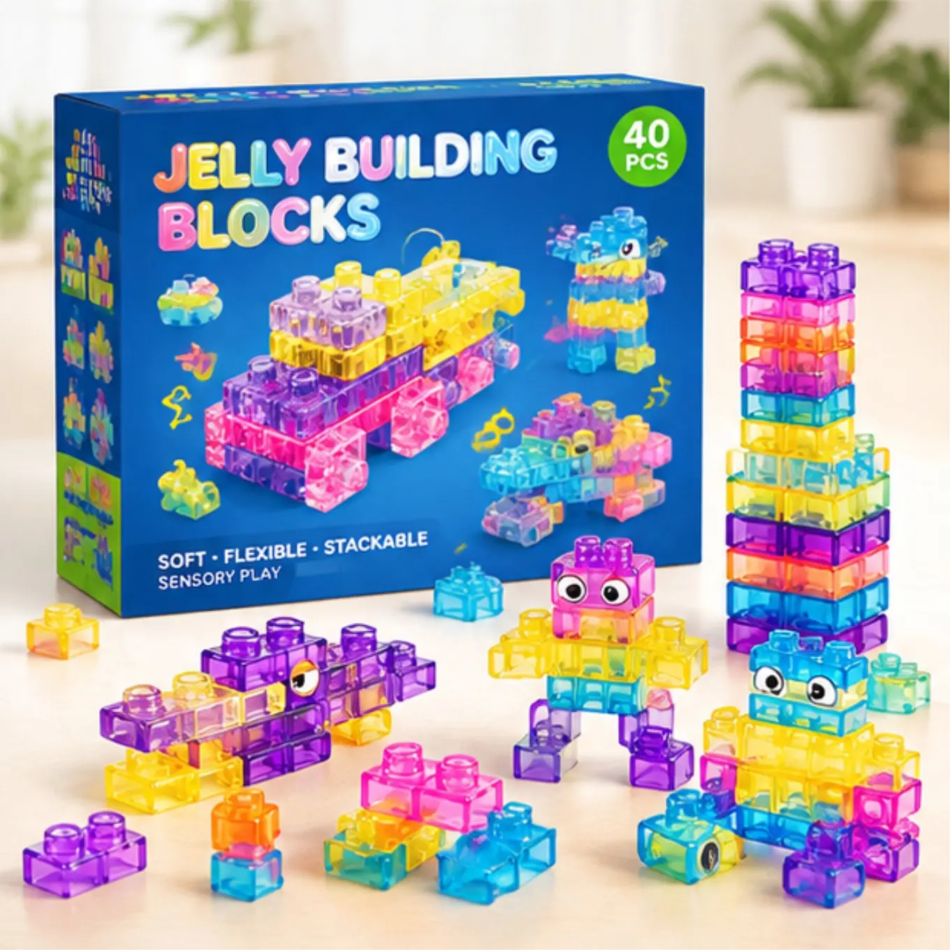 Jelly Building Blocks 40pcs, Squishy Translucent Soft Sensory Stacking Block Set, Non-Toxic BPA Free Stem Fidget Toy for Kids Age 3+
