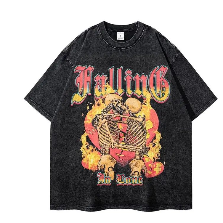 Oversized Washed Black 100% Cotton T-Shirt | Gothic Skeleton Flame Heart Graphic Tee | Retro Y2K Streetwear Breathable Casual