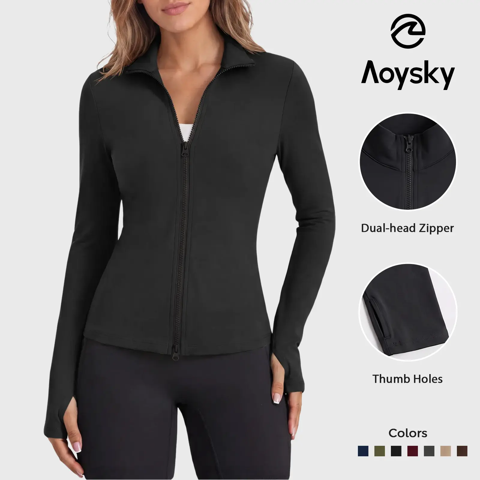 Aoysky Women's Sculpted Sports Jacket - Zip-Up Long-Sleeve Slim-Fit Workout Clothes, Sport Outerwear, Casual Layer for Running, Gym with Thumb Holes, Pockets, Sports Casual Jacket