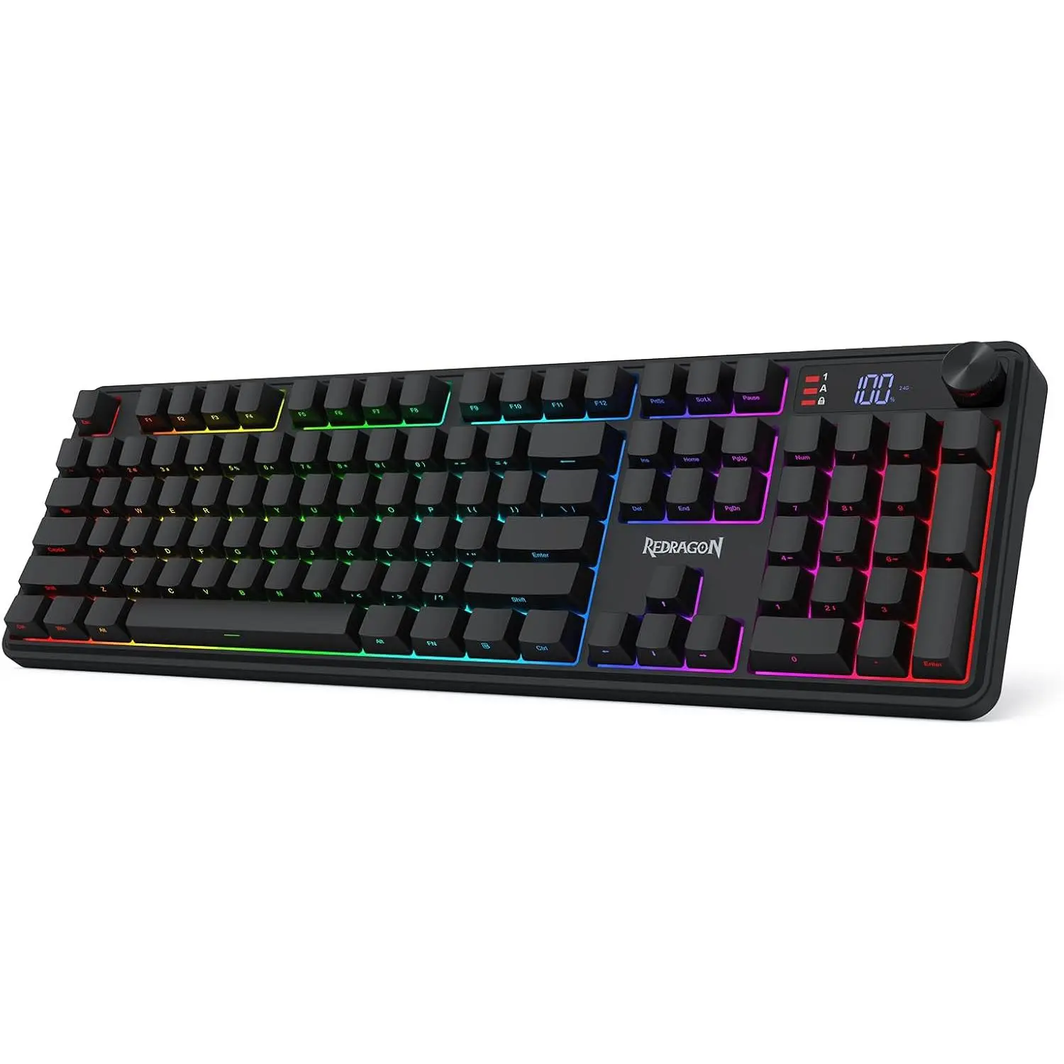 Redragon K526 PRO Wireless RGB Membrane Gaming Keyboard, LED Screen & Knob | See Battery, Mode & Time at a Glance, 0-Delay Tri-Mode, One-Touch Backlit & Media Adjust, 26-Key Anti-Ghost for Combo-Strike