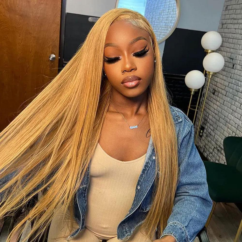 210% Density #27 Honey Blonde Straight Lace Front Wigs Pre plucked 13X6 HD Lace Frontal Human Hair Wigs For Women Natural Hairline