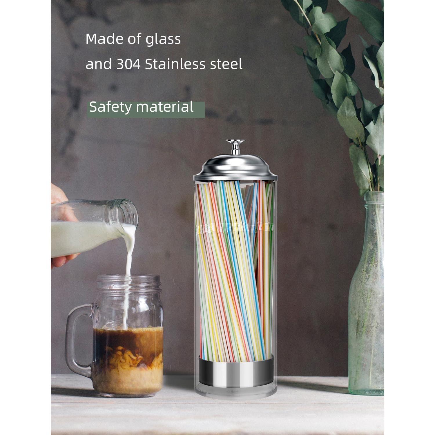 Straw Holder Dispenser Clear Glass Drinking Straw Container with Lid for Counter ()